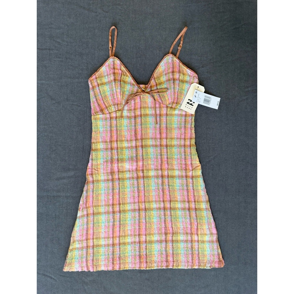 NWT Billabong Plaid Mini Dress Women's M Multicolor Strappy Tie Front Summer